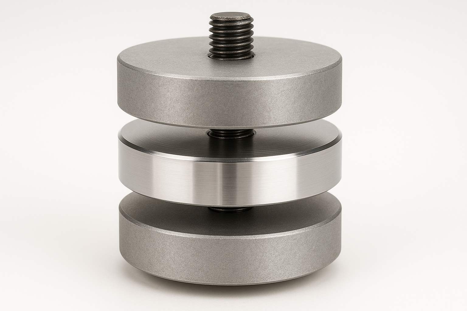 an Image of 3 cylindrical discs stacked on top of each other on a central screw. 2 disks are made  of aluminum, 1 disc is made of stainless steel